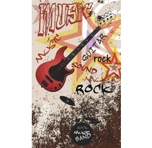 Ilustrace s kytarou, bicí soupravou a hudebními nápisy pro rockovou hudbu