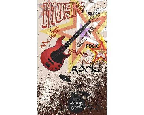 Ilustrace s kytarou, bicí soupravou a hudebními nápisy pro rockovou hudbu