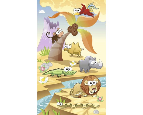 Ilustrace s různými kreslenými zvířaty a tropickou krajinou