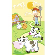 Kreslená ilustrace farmy se zvířaty a farmářem