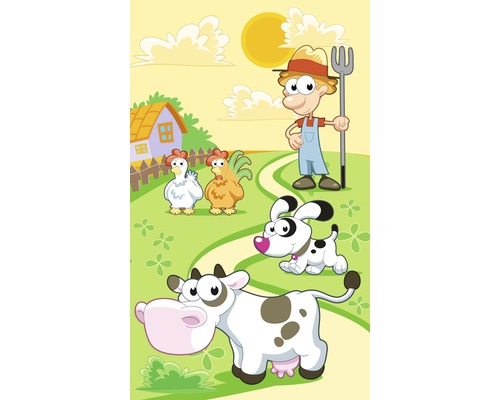 Kreslená ilustrace farmy se zvířaty a farmářem