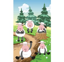 Ilustrace skupiny ovcí na louce se stromy