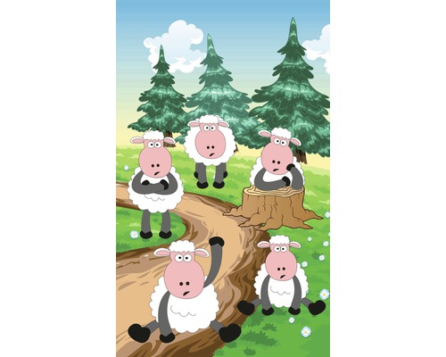 Ilustrace skupiny ovcí na louce se stromy