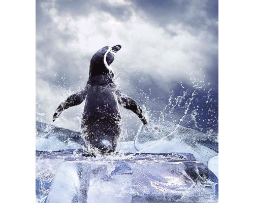 Figurka tučňáka na ledové kostce s cákající vodou