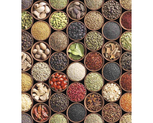 Rozmanitost koření a bylin v malých miskách