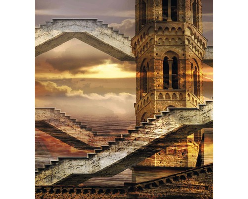 Ilustrace středověkého věžového komplexu se schody