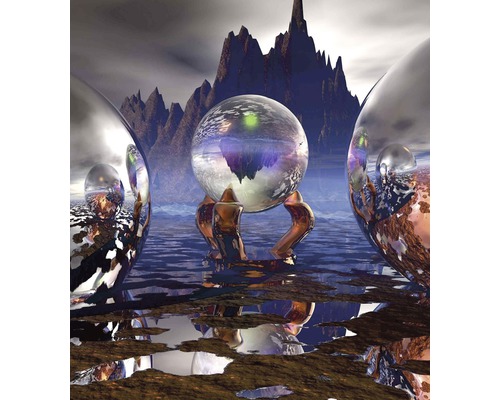 Scéna s křišťálovou koulí na stojanu odrážející krajinu