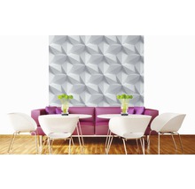 Scéna s 3D stěnovými panely, pohovkou, stoly a židlemi