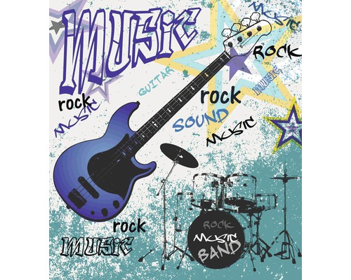 Ilustrace s baskytarou, bicí soupravou a slovem hudba