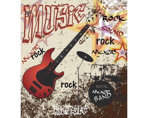 Ilustrace elektrické kytary a bicích s nápisem hudba