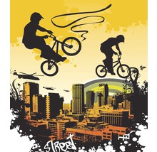 Ilustrace dvou BMX jezdců nad městskou krajinou