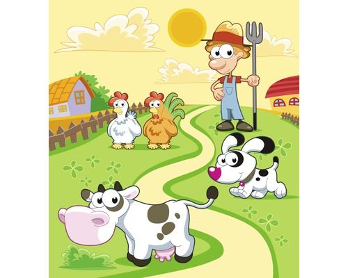 Kreslený obrázek farmáře, krávy, slepic a psa na farmě.