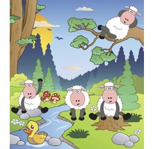 Ilustrace lesní scény s ovcemi a kachnou