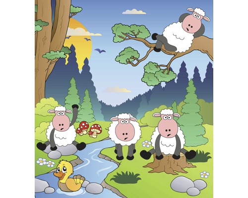 Ilustrace lesní scény s ovcemi a kachnou