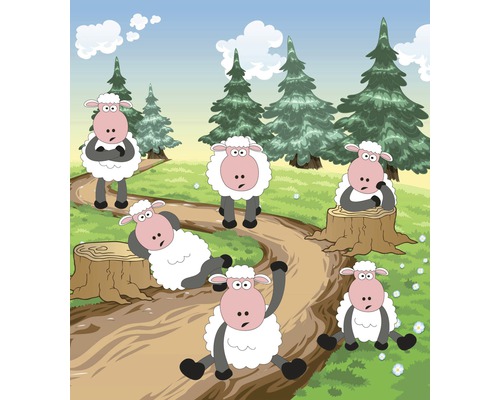 Ilustrace skupiny ovcí na lesní cestě.