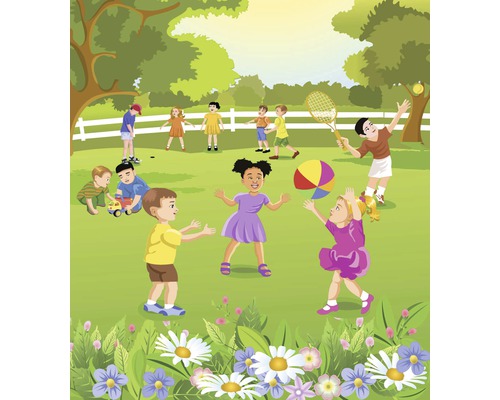 Ilustrace skupiny dětí hrajících si venku