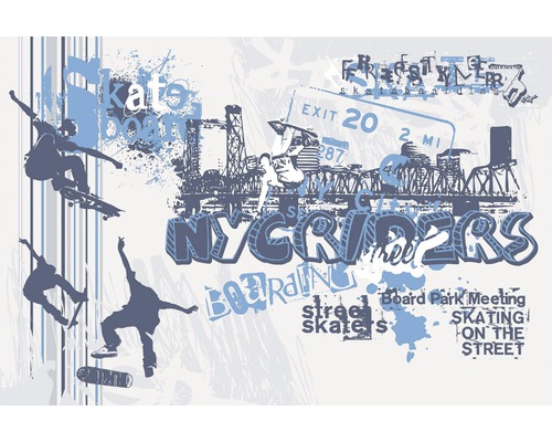 Grafika se skateboardovými motivy, siluetou města a nápisy