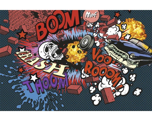 Komiksová scéna s autem, lebkou a výbuchy