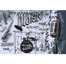Ilustrace se saxofonem, bicí soupravou a mikrofonem v hudebním stylu
