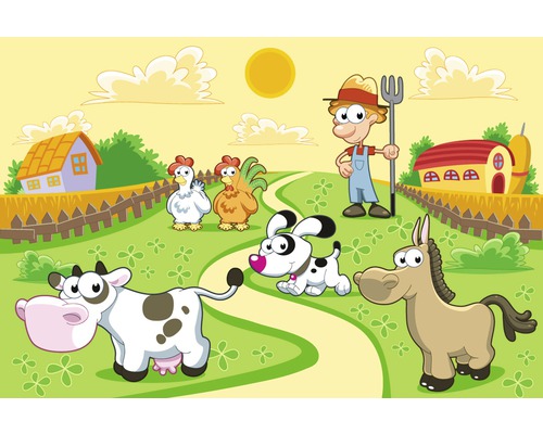 Kreslená scéna z farmy se zvířaty a farmářem
