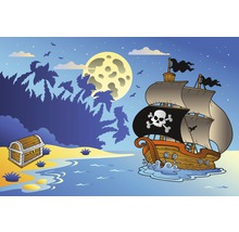 Ilustrace pirátské scény s lodí, truhlou s pokladem a měsíčním svitem