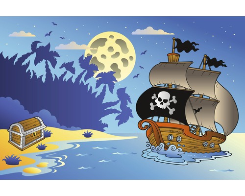 Ilustrace pirátské scény s lodí, truhlou s pokladem a měsíčním svitem