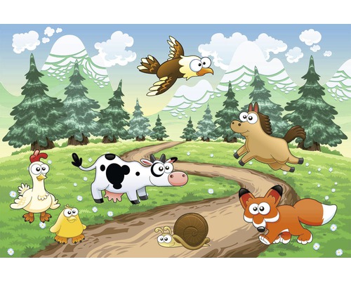 Ilustrace venkovské scény se zvířaty, cestou a horami