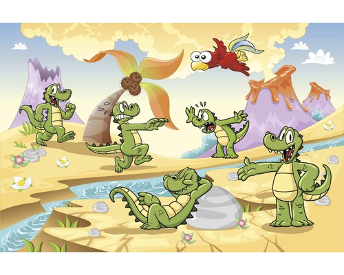 Ilustrace krokodýlů v kreslené krajině s sopkami a papouškem