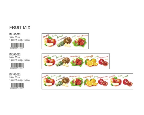 Různé velikosti bordurové nálepky s motivy ovoce, jako jsou jablka, ananasy, jahody, pomeranče a granátová jablka.