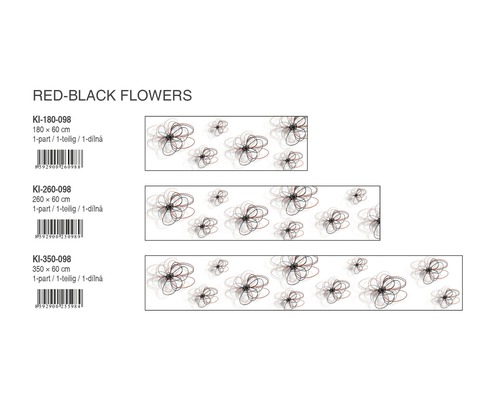 Vícedílný obraz s červenými a černými květinovými motivy v různých velikostech.