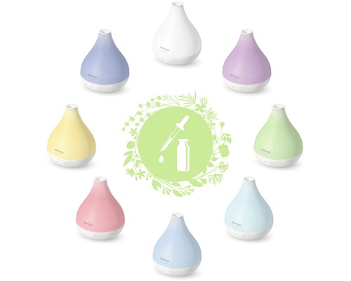 Různobarevné aroma difuzéry obklopují symbol pro esenciální oleje