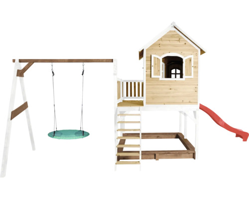 Dětské hřiště s houpačkou, domečkem, skluzavkou a pískovištěm ze dřeva