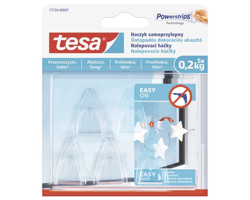 Tesa nalepovací háčky průhledné na sklo 5 ks, nosnost 0,5 kg Samolepicí háčky Tesa Powerstrips pro zavěšení dekorací, pět kusů