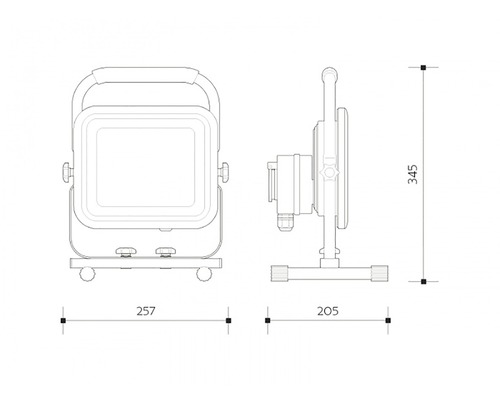 Rozměry LED reflektoru: šířka 257 mm, hloubka 205 mm a výška 345 mm.