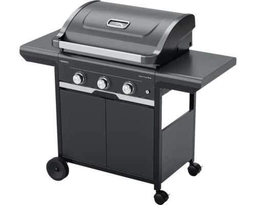 Plynový gril se třemi hořáky, teploměrem ve víku, dvěma bočními policemi a spodní skříňkou