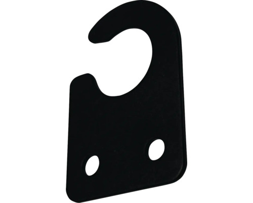 Černé závěsné zařízení s hákem a dvěma upevňovacími otvory.