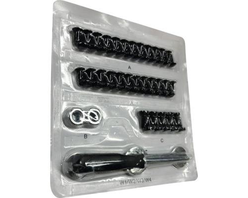 Upevňovací sada se šrouby, maticemi a nástrojem v plastovém obalu