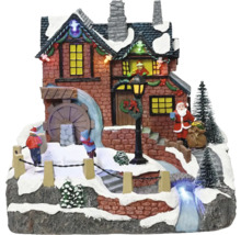 Vánoční vesnice s vodním mlýnem, Santa Clausem a dětmi