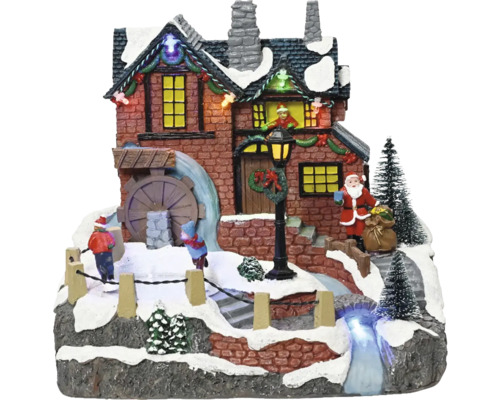 LED scenérie polyresinová 19 x 22,6 x 20,8 cm Christmas Villages Vánoční vesnice s vodním mlýnem, Santa Clausem a dětmi