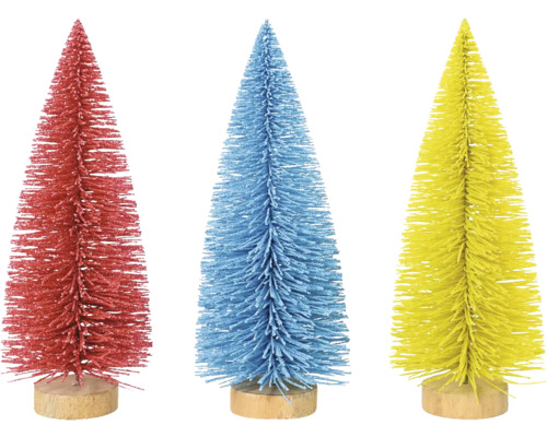Strom Christmas villages 21 cm 3 ks modrý, žlutý, červený Tři dekorativní plastové vánoční stromky na dřevěném podstavci