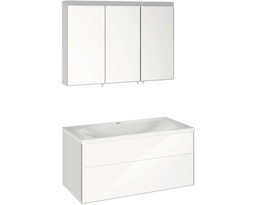 Set koupelnového nábytku KEUCO Royal Reflex Š x V x H 100 x 48 x 49 cm barva čela lesklá bílá set koupelnového nábytku 3dílný s bílým umyvadlem z minerální litiny a zrcadlovou skříňkou s LED osvětlením podumyvadlová skříňka 39604212100 Skříňka pod umyvadlo s umyvadlem a zrcadlová skříňka do koupelny