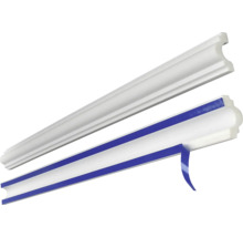 Dvě bílé ozdobné lišty s modrými lepicími proužky