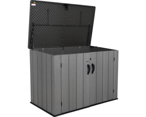 Otevřený šedý venkovní box na nářadí pro uskladnění zahradního nářadí