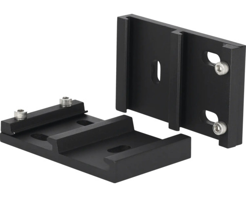 Dvě černé hliníkové montážní lišty se šrouby