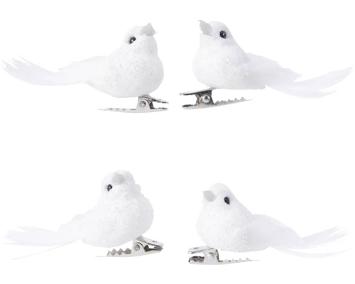 Ptáček na klipu 2 x 5 x 2,5 cm 4 ks bílý Čtyři bílí ozdobní ptáci s klipy