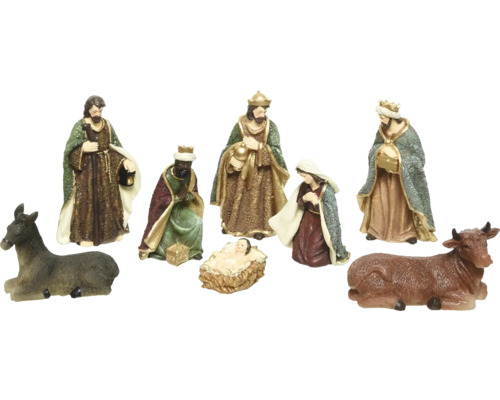 Sada figurek betlému s Ježíškem, Marií, Josefem, třemi králi a zvířaty.