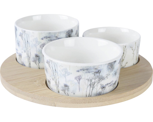 Set porcelánových misek na tapas na bambusovém tácu Set porcelánových misek na tapas na bambusovém tácu