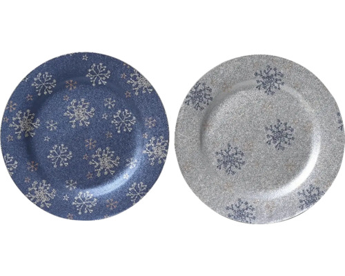 Talíř plastový s vločkami, různé barvy Dva dekorativní talíře se vzorem sněhových vloček