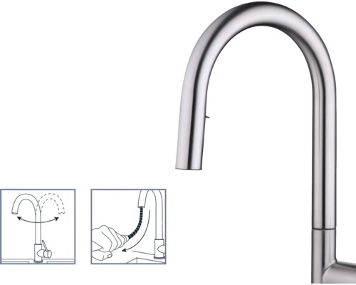Kuchyňská baterie z nerezové oceli s otočným výtokem a sprchovou hadicí