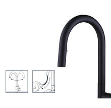 Černá kuchyňská baterie s vysokým výtokem a návodem k použití